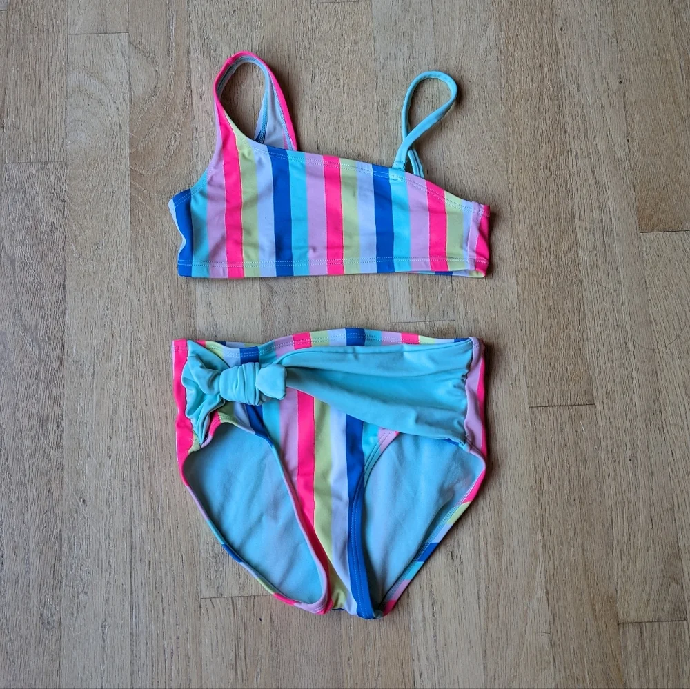 Justice rainbow striped high waisted Bikini size 8